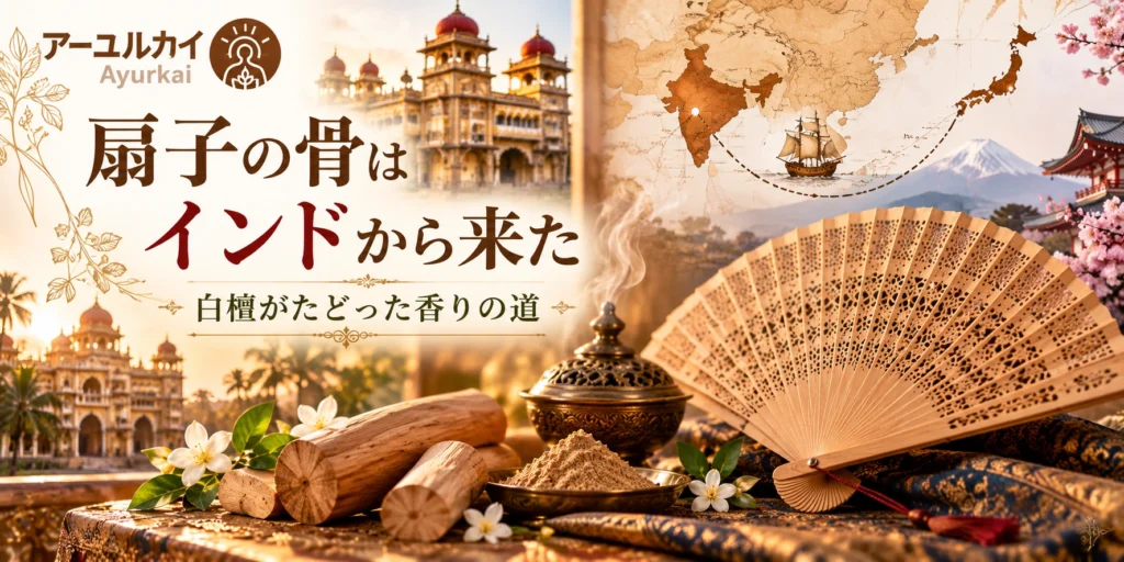 インドの白檀と日本の扇子を描いた「扇子の骨はインドから来た：白檀がたどった香りの道」のAyurkaiイメージ
